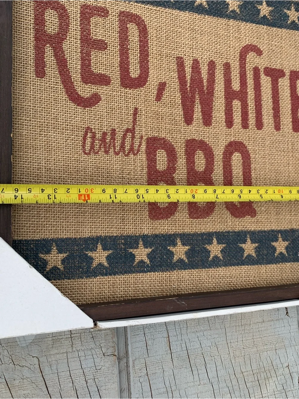 Red White and BBQ Wood Framed Sign Rustic Burlap Patriotic Americana Wall Art